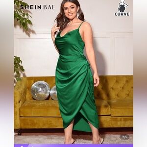 SHEIN women’s EUC emerald green satin look faux wrap dress size 3XL